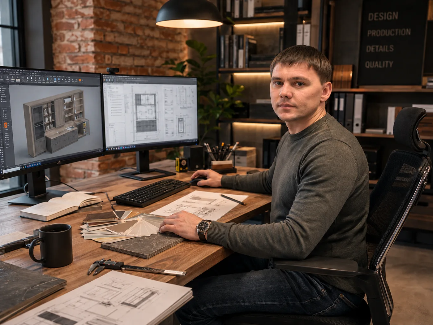 Конструктор-технолог за CAD-станцией с чертежами мебели